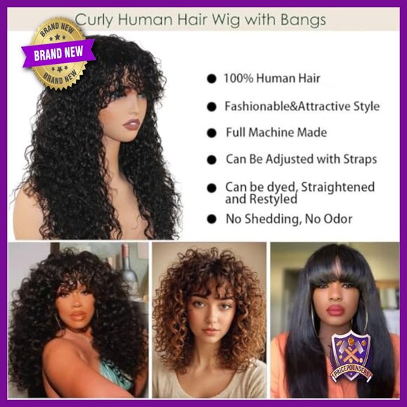 22 Inch Deep Wave Human Hair Wig with Bangs Glueless Non-Lace Front